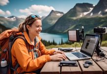digital nomad working on a mountain
