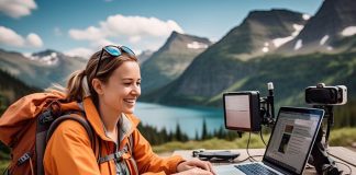 digital nomad working on a mountain