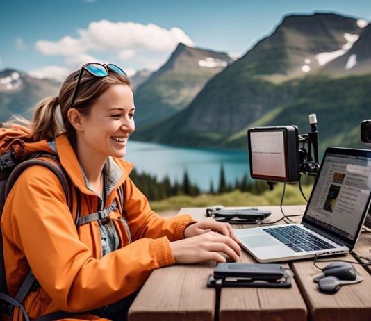digital nomad working on a mountain
