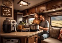 couple in their RV kitchen cooking