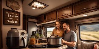 couple in their RV kitchen cooking