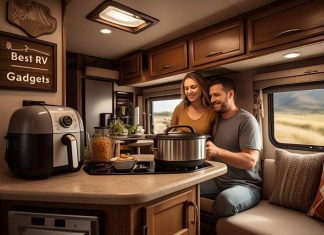 couple in their RV kitchen cooking
