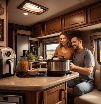 couple in their RV kitchen cooking