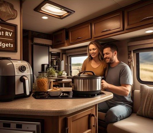 couple in their RV kitchen cooking