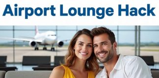 couple at airport lounge using an lounge hack