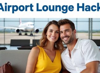 couple at airport lounge using an lounge hack
