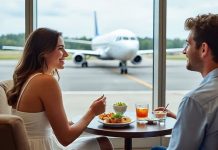 couple at a nice airport lounge after choosing the right lounge