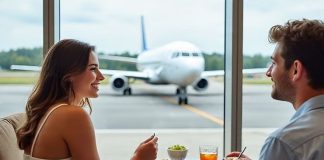 couple at a nice airport lounge after choosing the right lounge
