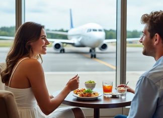 couple at a nice airport lounge after choosing the right lounge