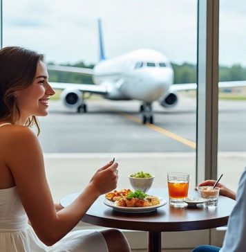 couple at a nice airport lounge after choosing the right lounge