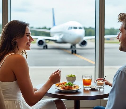 couple at a nice airport lounge after choosing the right lounge