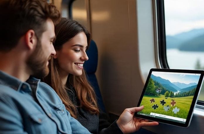 jigsaw when traveling couple plaing jigsaw puzzle