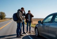 guys on a road trip after accident calling their insurance