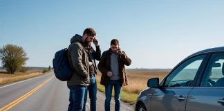 guys on a road trip after accident calling their insurance