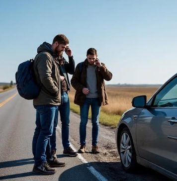 guys on a road trip after accident calling their insurance