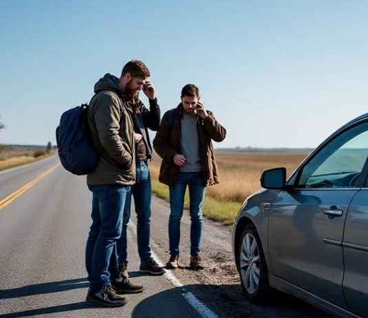 guys on a road trip after accident calling their insurance