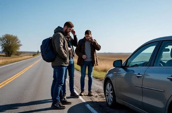 guys on a road trip after accident calling their insurance