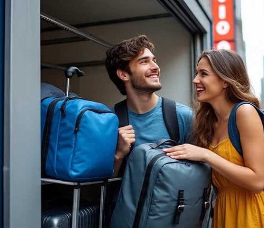 a young couple light travel with self storage